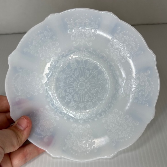 3 Elegant American Sweetheart Monax White Opalescent Glass 6" Tea Cup Saucers - Picture 4 of 16
